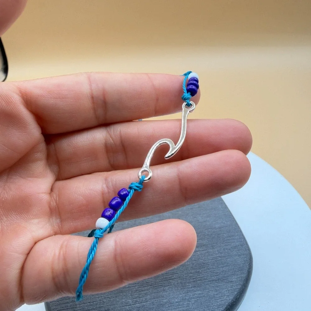 Silver Tone Ocean Wave Charm Blue Cord Purple Bead Adjustable Surfer Bracelet